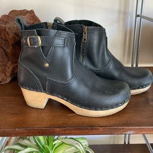 No.6 Leather Clog Buckle Boot on Mid Heel in Black